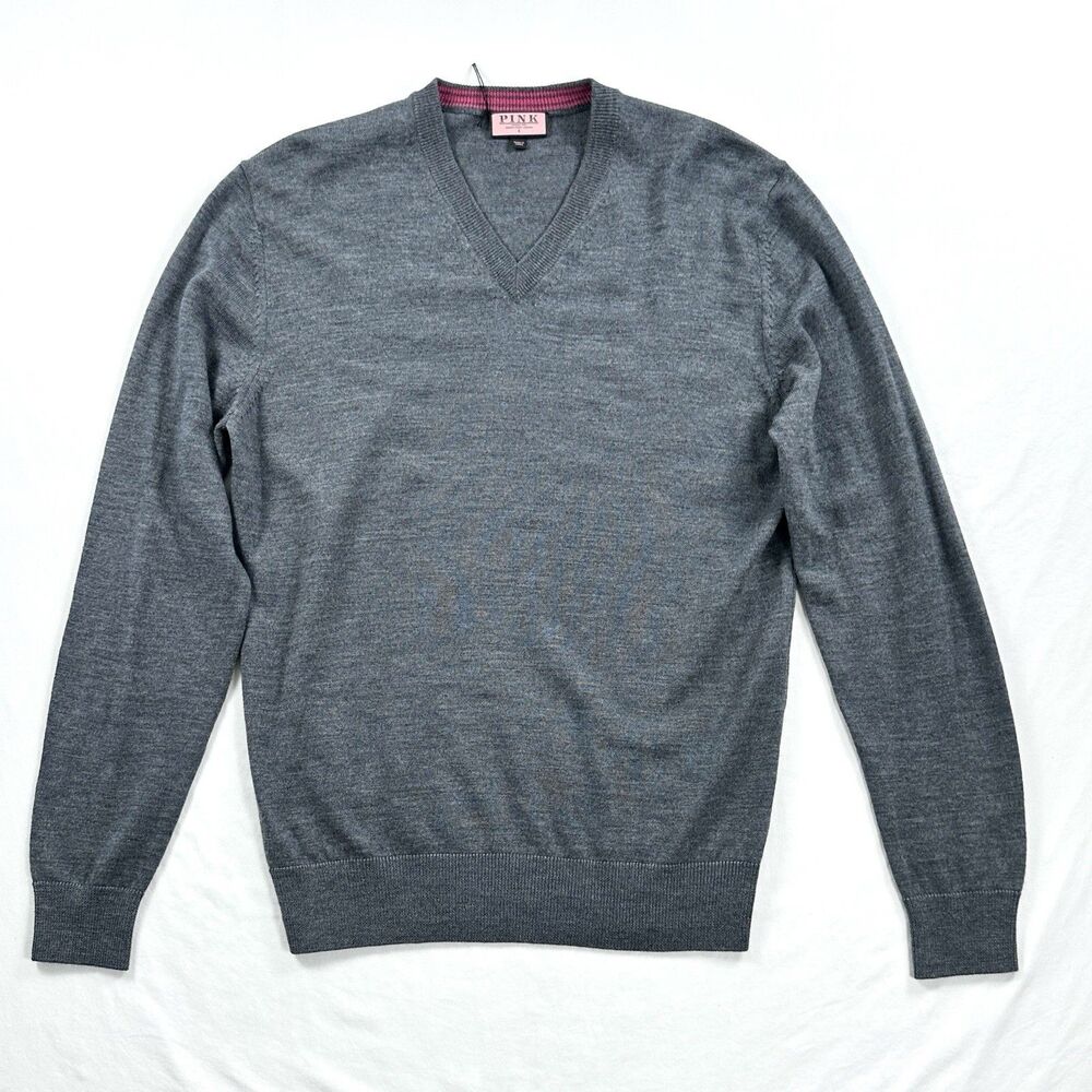 Thomas Pink Merino Wool Sweater Mens Small Gray V-Neck Minimalist Quiet Luxury